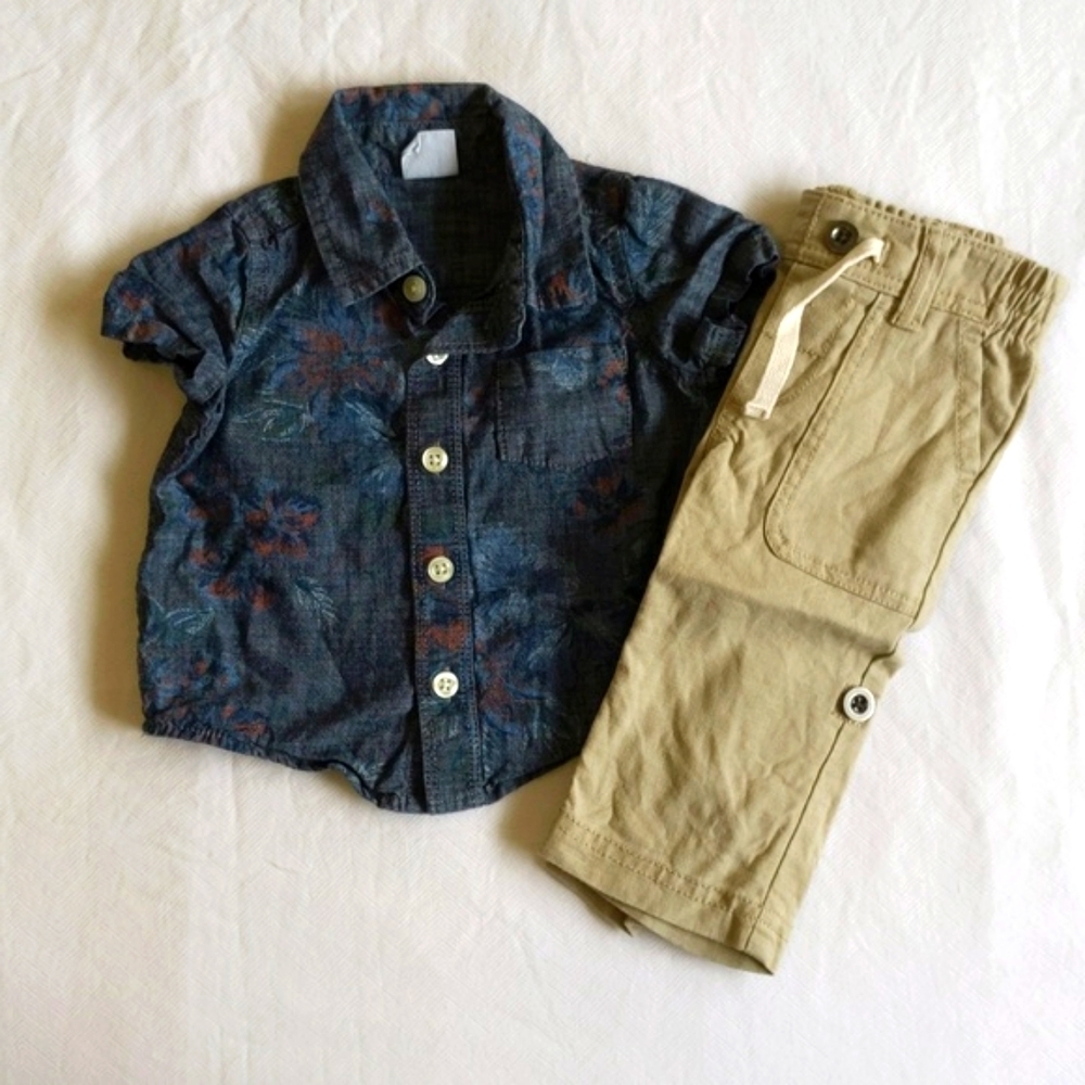 Baby Gap Linen Blend Short Sleeve Button Up & Khaki Pants Set 3-6M EUC